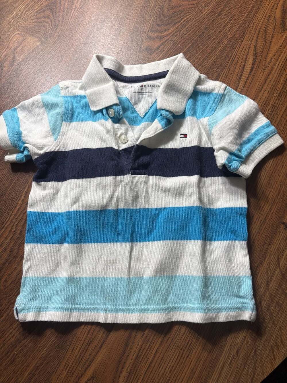 Tommy Hilfiger Toddler Boys 2T Blue and White Rugby Striped Short Sleeve Polo Sh